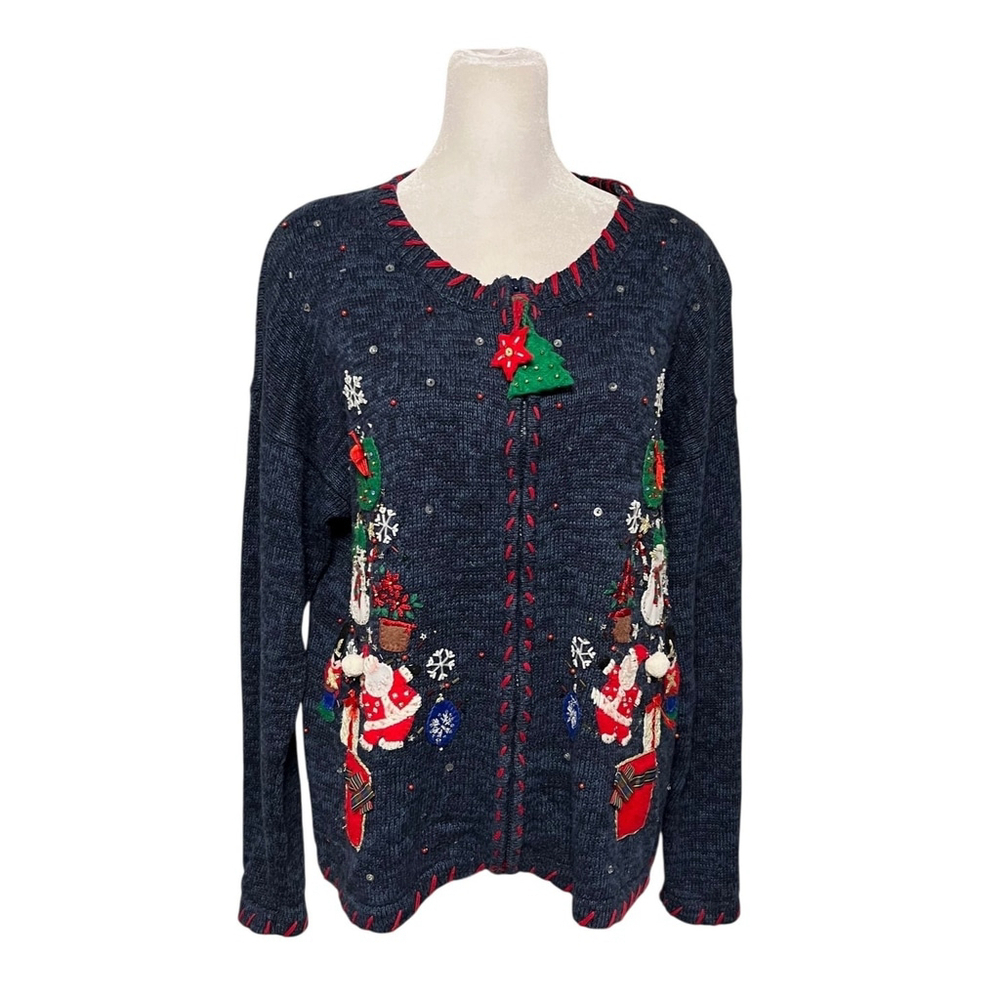 Tiara International Blue Christmas Applique Full Zip Cardigan Sweater Sz Medium